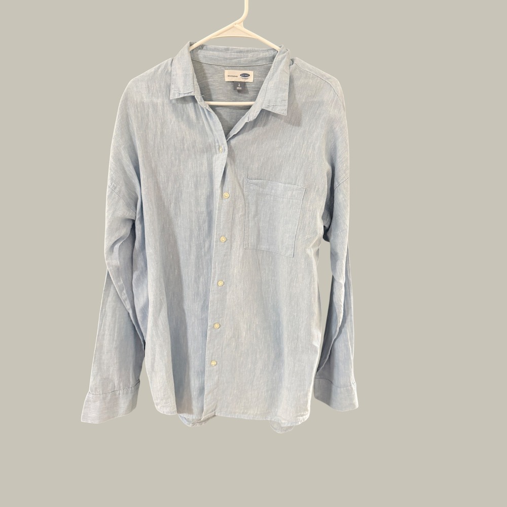 Old Navy Womens Boyfriend Linen Blend Button Down Shirt Light Blue Large L